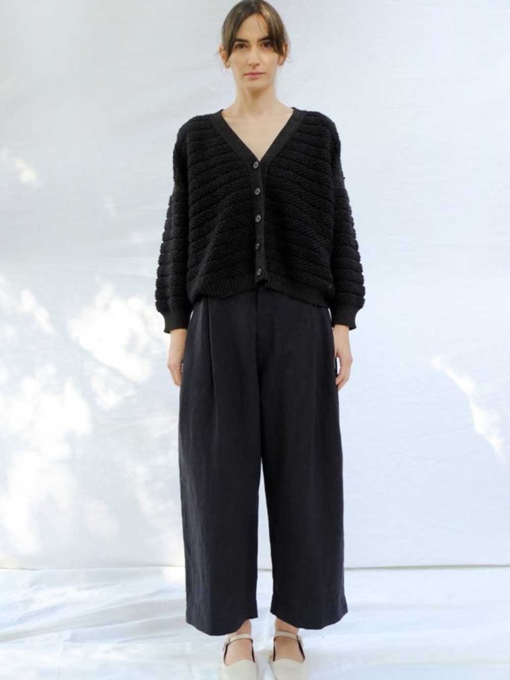 MICAELA GREG The Melange Loop Cardigan Black Textured Cotton Boxy Sweater SS21
